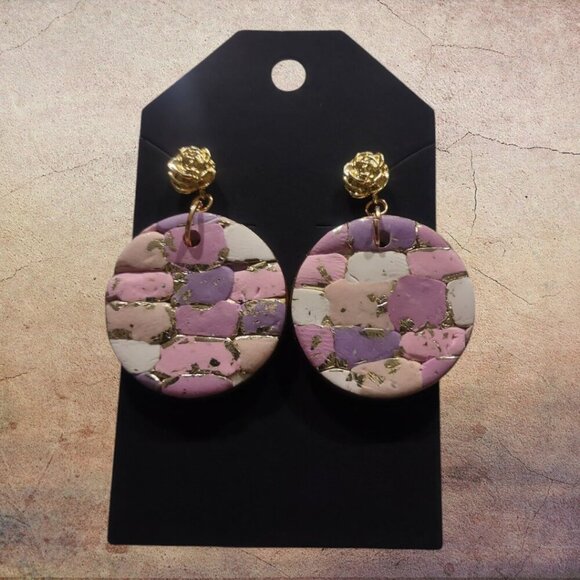 Juniper Isle Jewelry - Handcrafted Pink & Gold Marbled Clay Dangle Earrings